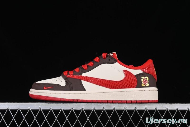 Nike Travis Scott x Fragment Design x Air Jordan 1 Low OG SP AJ1 Snake Year Limited Edition Snake Scale Red Hook Low Top Lifestyle Casual Sneakers - CH6336-020