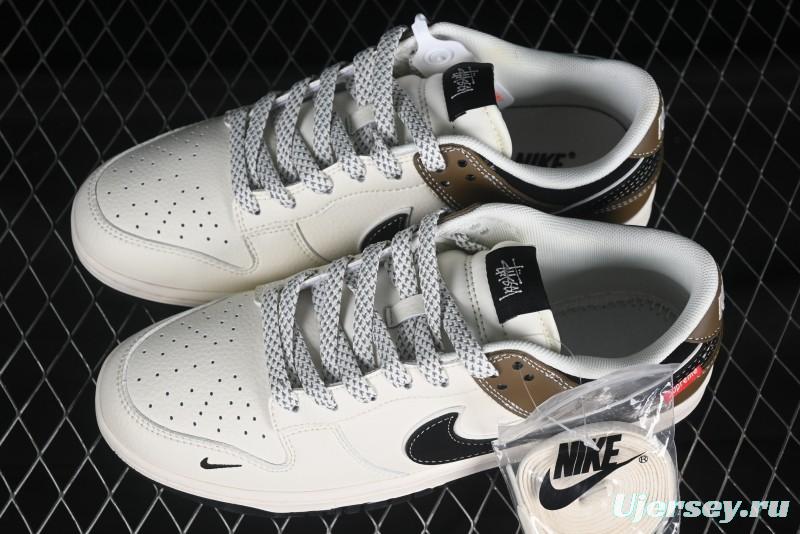 Nike SB Dunk Low Supreme Stussy Collaboration Beige Double Mini Swoosh Anniversary High-End Custom Low-Top Casual Skate Shoes - XS6089-502