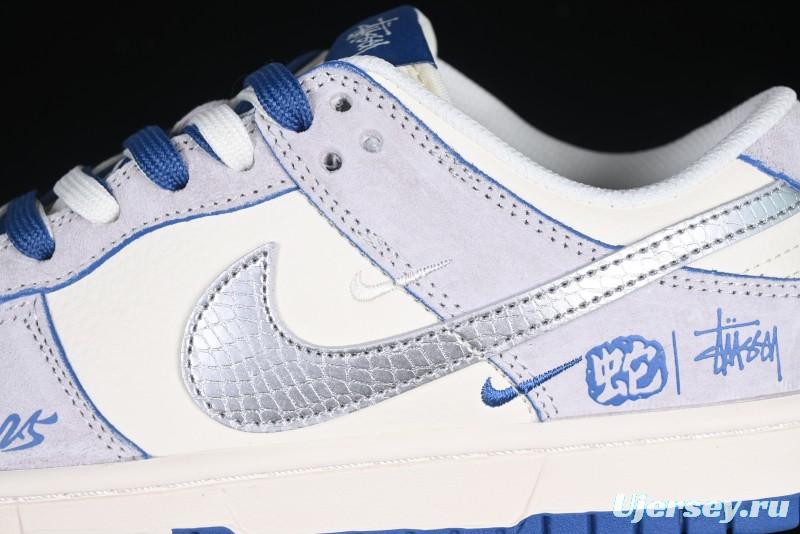 Nike SB Dunk Low Stussy Year of the Snake Collaboration Light Blue Silver Swoosh Anniversary Custom Low-Top Casual Sneakers - DM6868-010