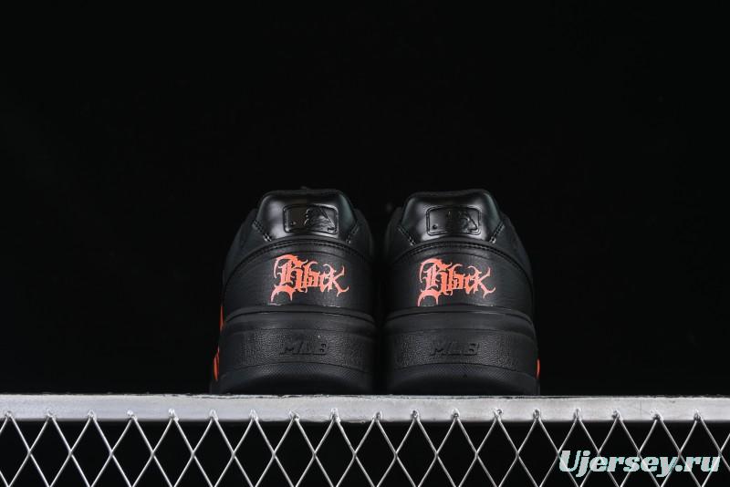 NY Yankees Black Leather Sneakers – Bold Orange Logo Edition