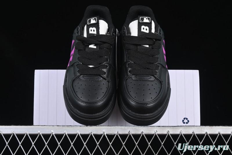 NY Yankees Black Leather Sneakers with Bold Pink Logo