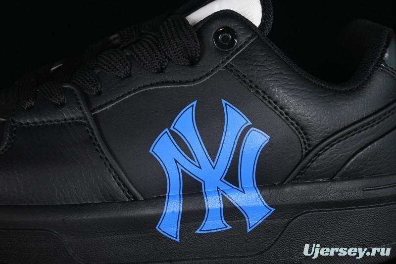 NY Yankees Black Leather Sneakers with Bold Blue Logo