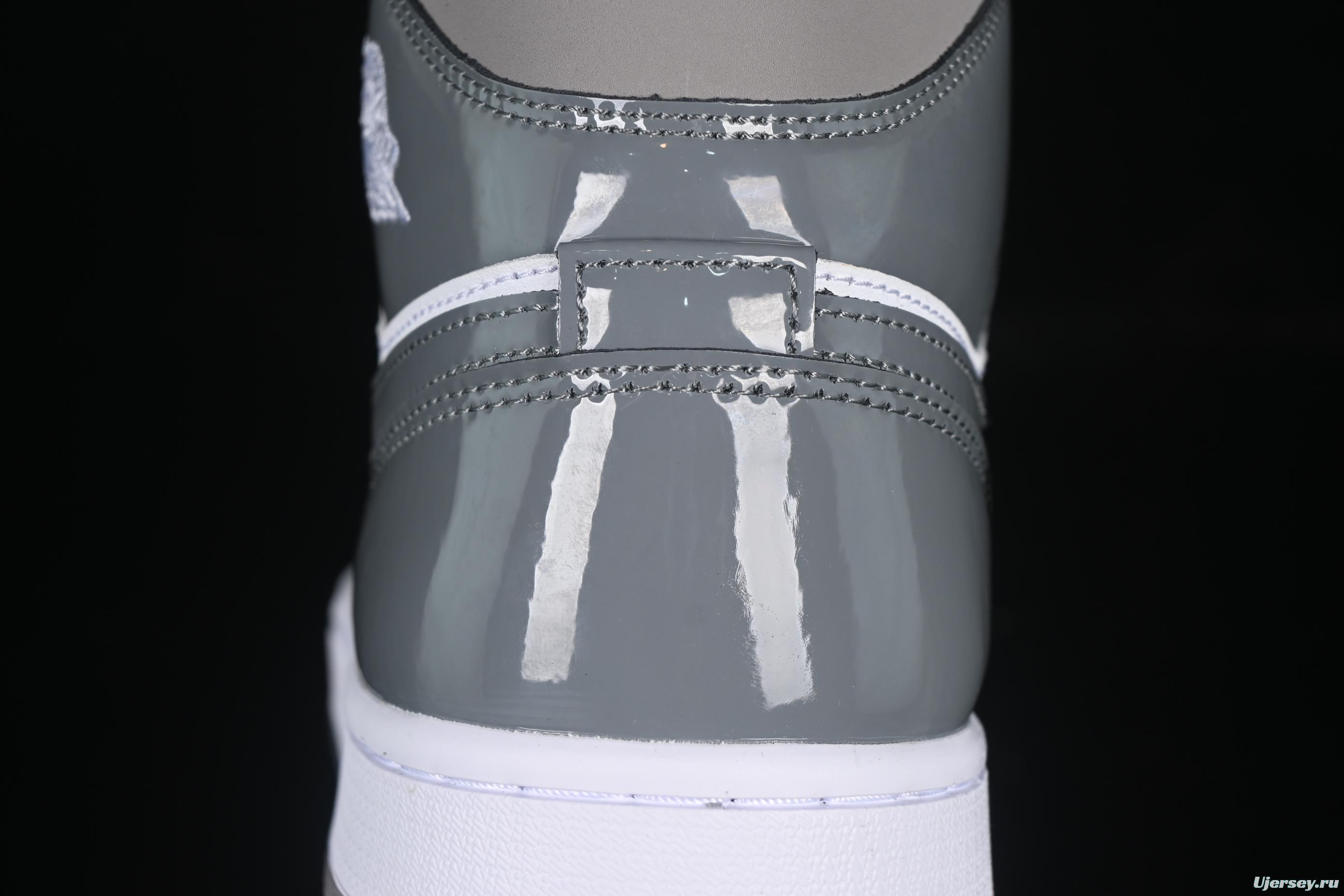 Nike Air Jordan 1 Mid Basketball Shoes in White Grey Patent Leather - HF3216-100