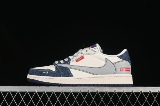 Nike Travis Scott x Fragment Design x Air Jordan 1 Low OG SP AJ1 Supreme Collaboration Grey Blue Denim Low-Top Casual Sneakers - JJ2508-565