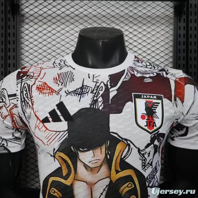 Player Version 2025 Japan White with One Piece Roronoa Zoro Character Jersey