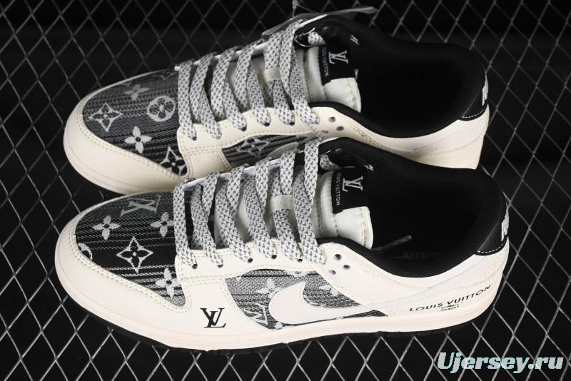 Nike SB Dunk Low LV Collaboration Black White Woven Fabric White Swoosh Anniversary High-End Custom Low-Top Casual Skate Shoes - FC1688-229
