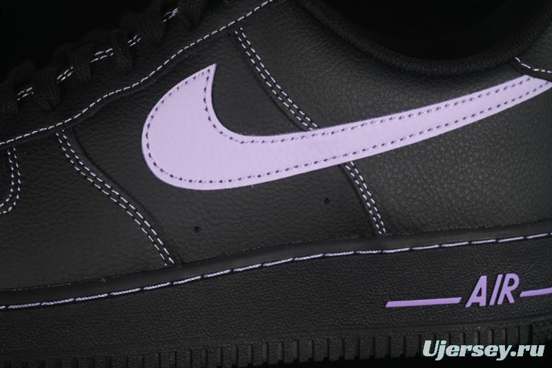 Nike Air Force 1'07 Low Casual Sneakers in Black with Purple Swoosh - HQ2037-001