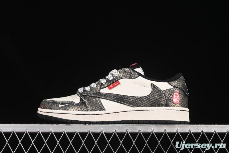 Nike Travis Scott x Fragment Design x Air Jordan 1 Low OG SP AJ1 Year of the Snake Limited Edition Black Snake Grain Low-top Casual Sneakers - YX5066-309