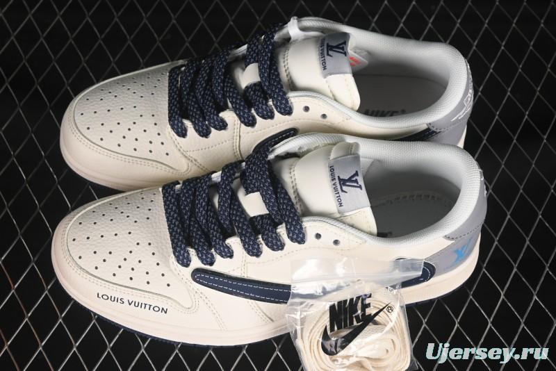 Nike Travis Scott x Fragment Design x Air Jordan 1 Low OG SP Sneakers with Splatter Blue Swoosh - ZH2598-242