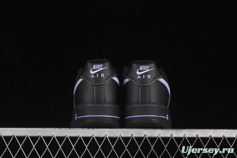 Nike Air Force 1'07 Low Casual Sneakers in Black with Purple Swoosh - HQ2037-001