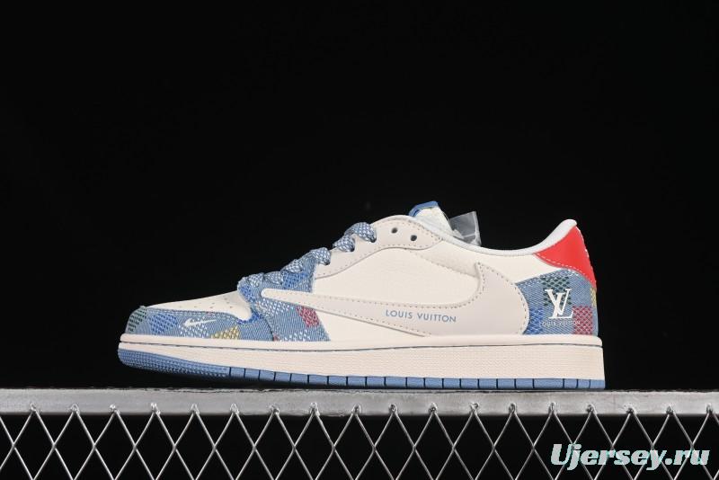 Nike Travis Scott x Fragment Design x Air Jordan 1 Low OG SP AJ1 LV Collaboration Multi-Color Canvas Low-Top Casual Sneakers - FC1688-232