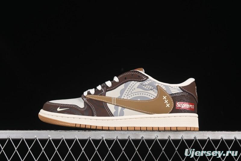 Nike Travis Scott x Fragment Design x Air Jordan 1 Low OG SP AJ1 Supreme Collaboration Brown Graffiti Low-Top Casual Sneakers - XS2024-055