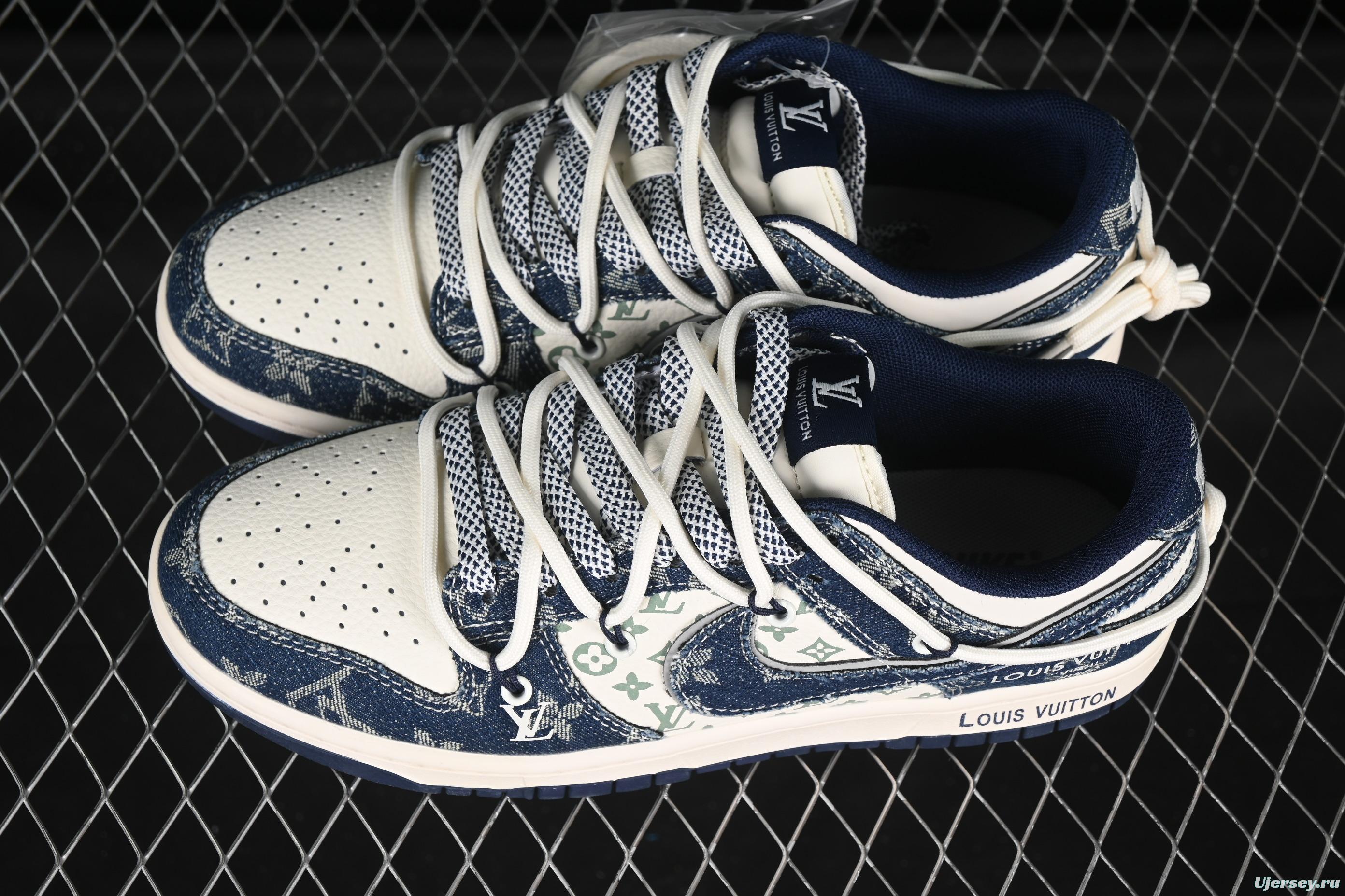 Nike SB Dunk Low LV Collaboration Strap Blue White Denim Blue Hook Anniversary High-End Custom Low-Top Casual Skate Shoes - YX5066-321