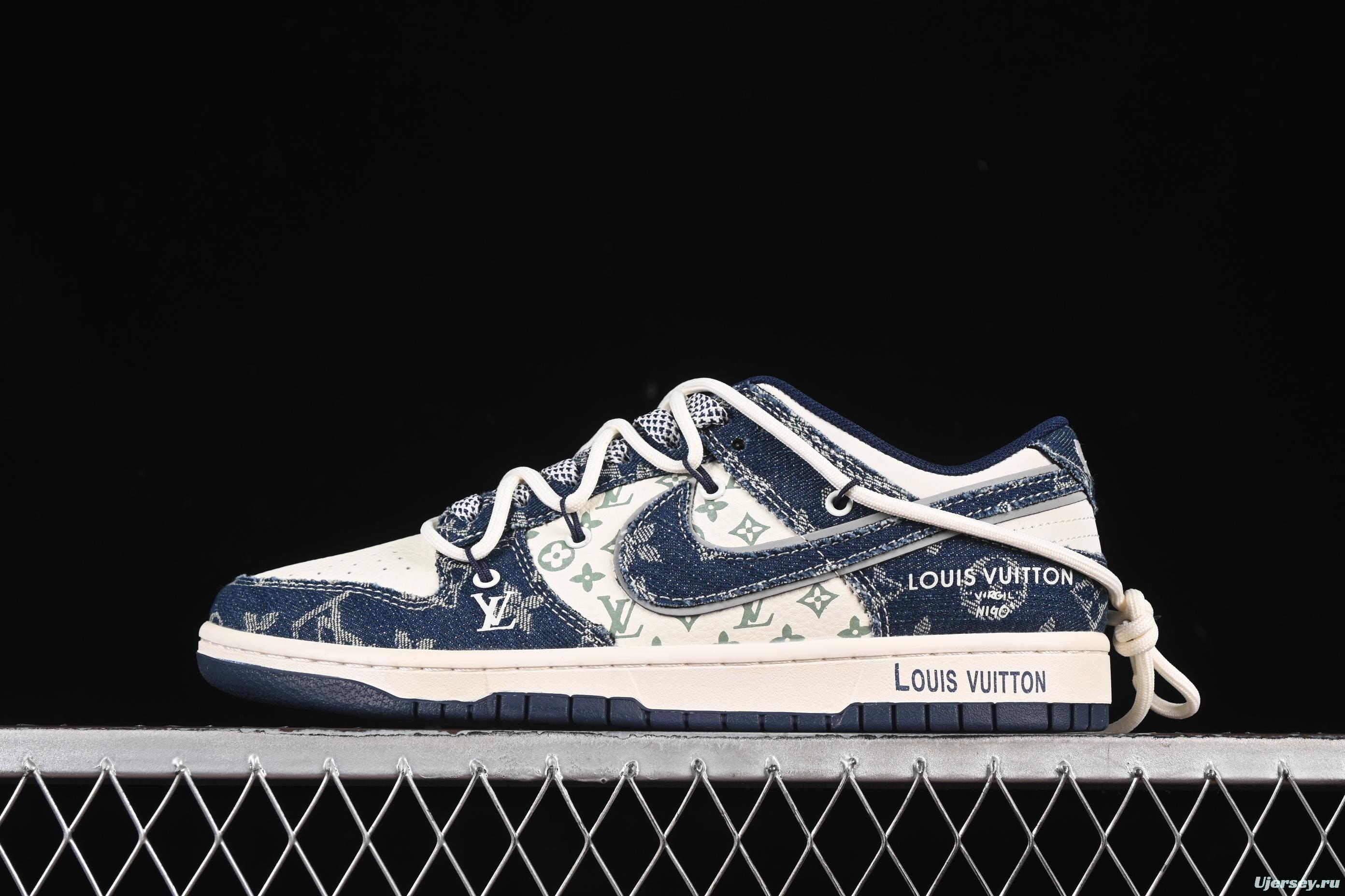 Nike SB Dunk Low LV Collaboration Strap Blue White Denim Blue Hook Anniversary High-End Custom Low-Top Casual Skate Shoes - YX5066-321