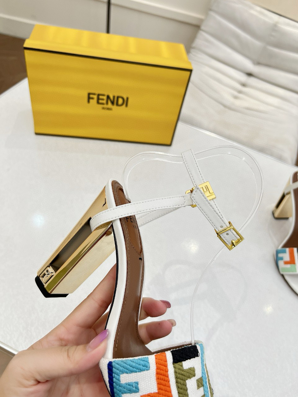2025 Women Fendi White Blue Orange Fabric Leather High Heel Sandals MJ00280