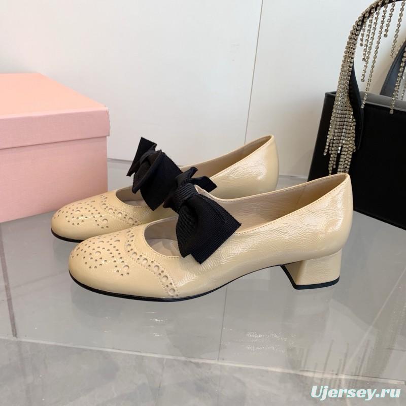 2025 Women Miu Miu Beige Black Leather Mary Jane Bow KFY00280