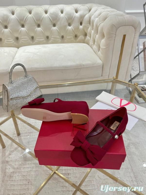 2025 Women Valentino Red Fabric Mary Jane Bow Flat LY00300