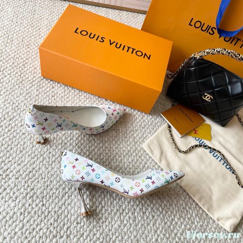 2025 Women Louis Vuitton White Multicolor Leather High Heel Shoes