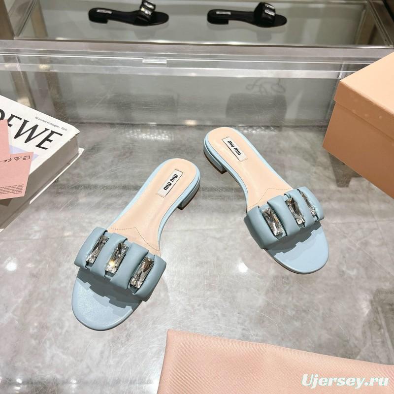 2025 Women Miu Miu Light Blue Leather Slippers