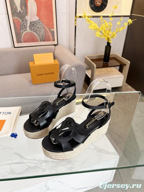 2025 Women Louis Vuitton Black Leather Espadrilles Sandals MJ00280