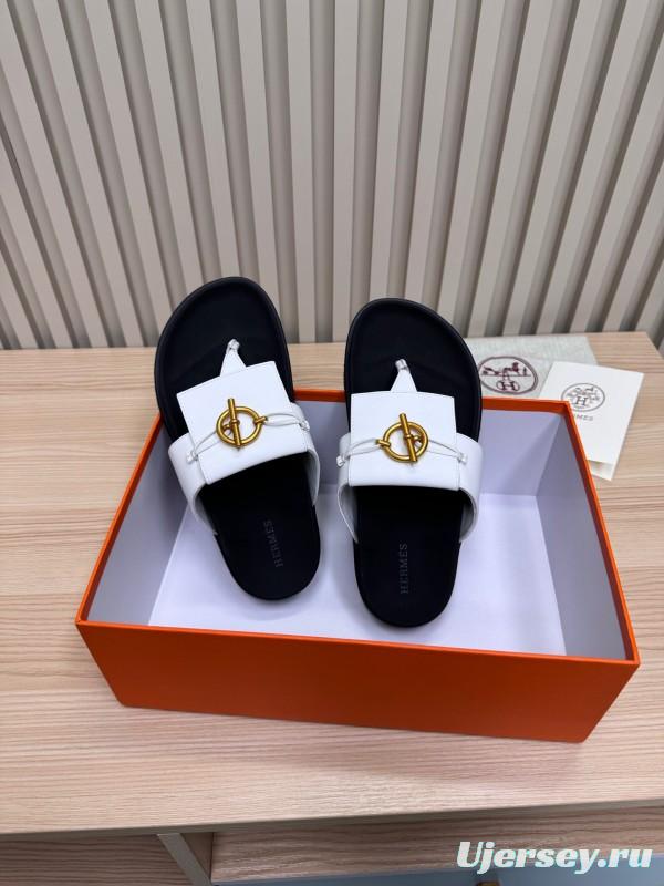 2025 Slippers Hermès White Black Leather Slippers