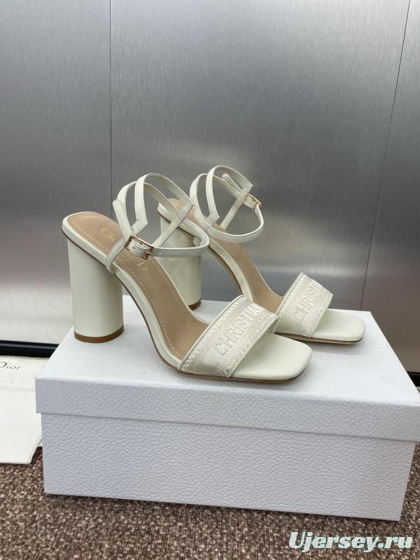 2025 Women Dior White Leather High Heel Embroidered Sandals