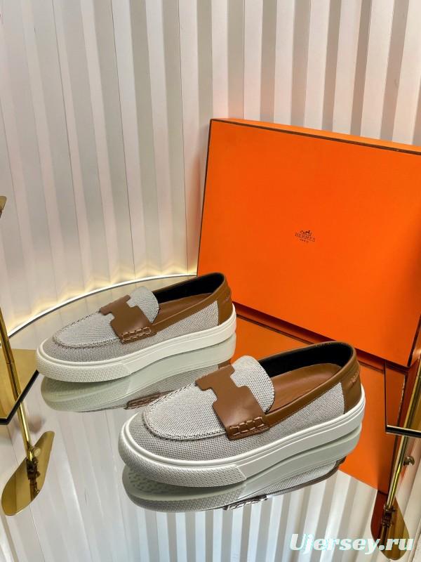 2025 Unisex Hermès White Brown Leather Fabric Loafers