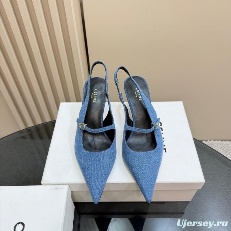 2025 Women CELINE Blue Denim Suede Slingback Pumps KFY00290
