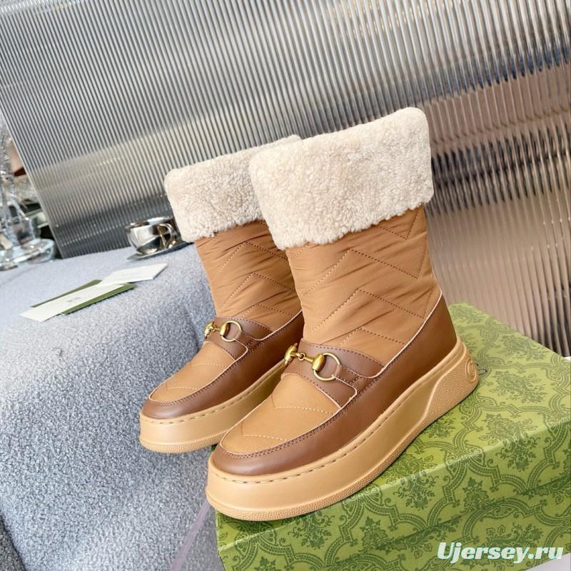 2024 Women Gucci Brown Tan Leather Shearling Lined Snow Boots MJ00420
