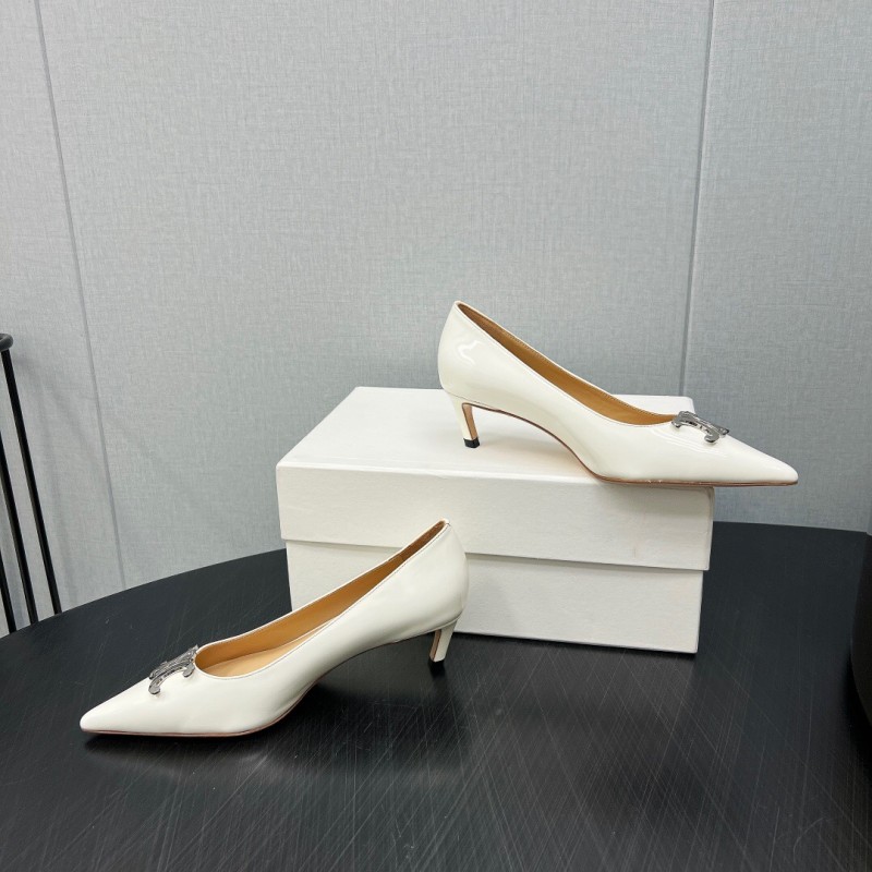 2025 Women Celine White Leather Pointed Toe Kitten Heel KFY00290