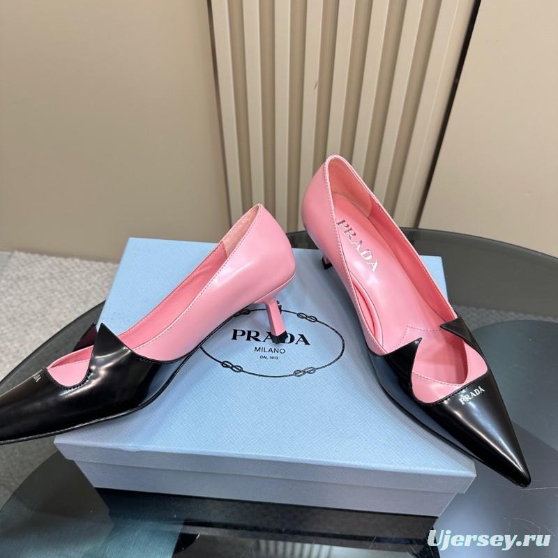 2025 Women Prada Pink Black Leather Pointed Toe Low Heel KFY00310