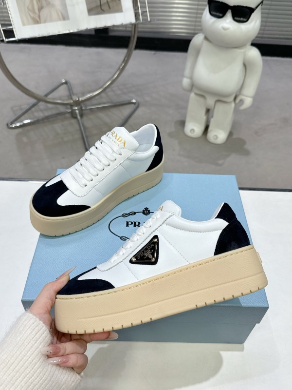 2025 Women Prada White Black Leather Suede Sneakers