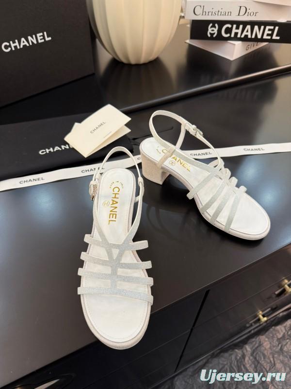 2025 Women Chanel White Leather Sandals