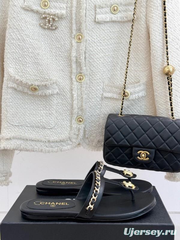 2025 Women Chanel Black Leather Slippers Chain KFY00250