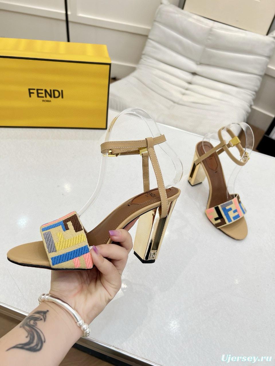 2025 Women Fendi Beige Canvas Leather High Heel Buckle MJ00280