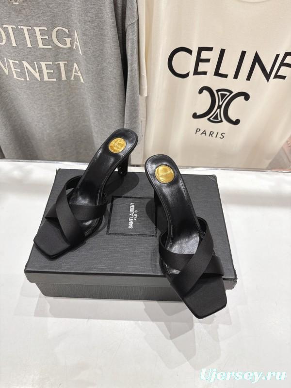 2025 Women Yves Saint Laurent Black Leather High Heel Slide Sandals With Gold Medallion Detail - LY00360(F)