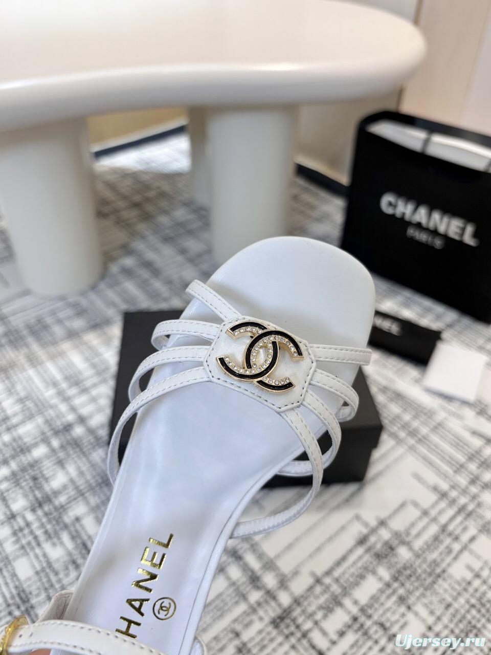 2025 Women Chanel White Leather Sandals LY00270