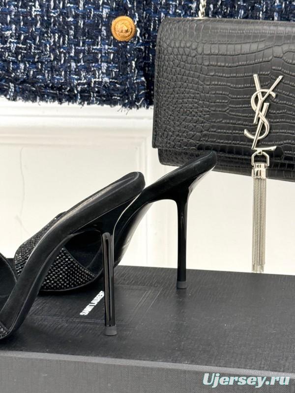 2025 Women Yves Saint Laurent Black Rhinestone Leather High Heel Slippers LY00300