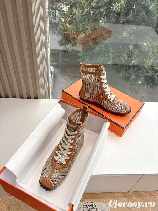 2025 Women Hermès Beige Brown Leather Mesh Boots
