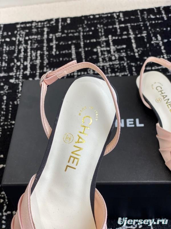 2025 Women Chanel Pink Black Silk Leather Sandals Satin Bow KFY00289