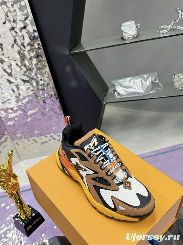 2025 Men Louis Vuitton Brown White Black Mesh Leather Sneakers MJ00420