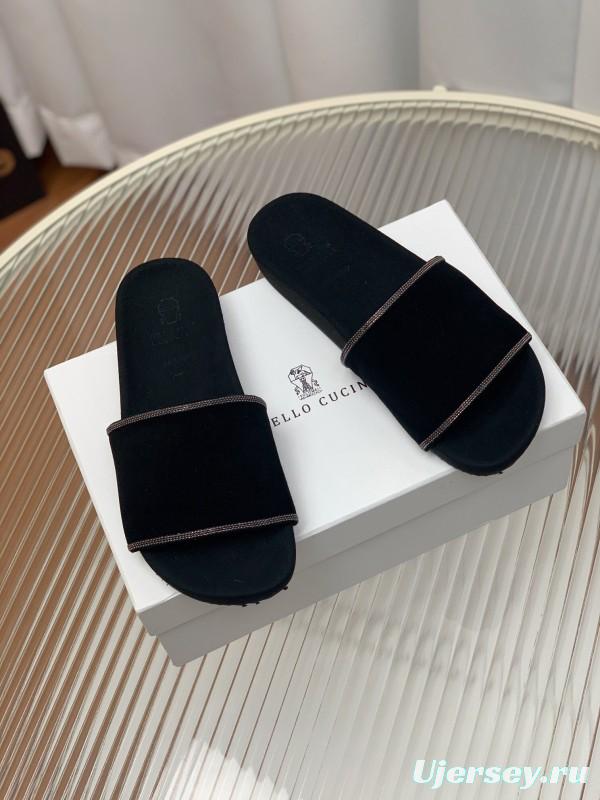 2025 Women BRUNELLO CUCINELLI Black Imported Suede Flat Sandals Handcrafted Beaded Chain Decoration KFY00240(F)
