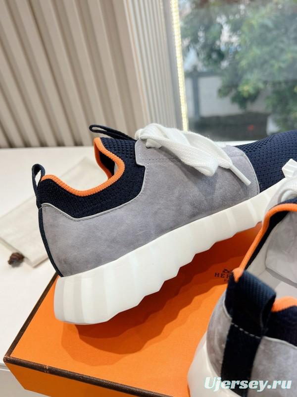 2024 Unisex Hermès blue grey orange knit leather sneakers