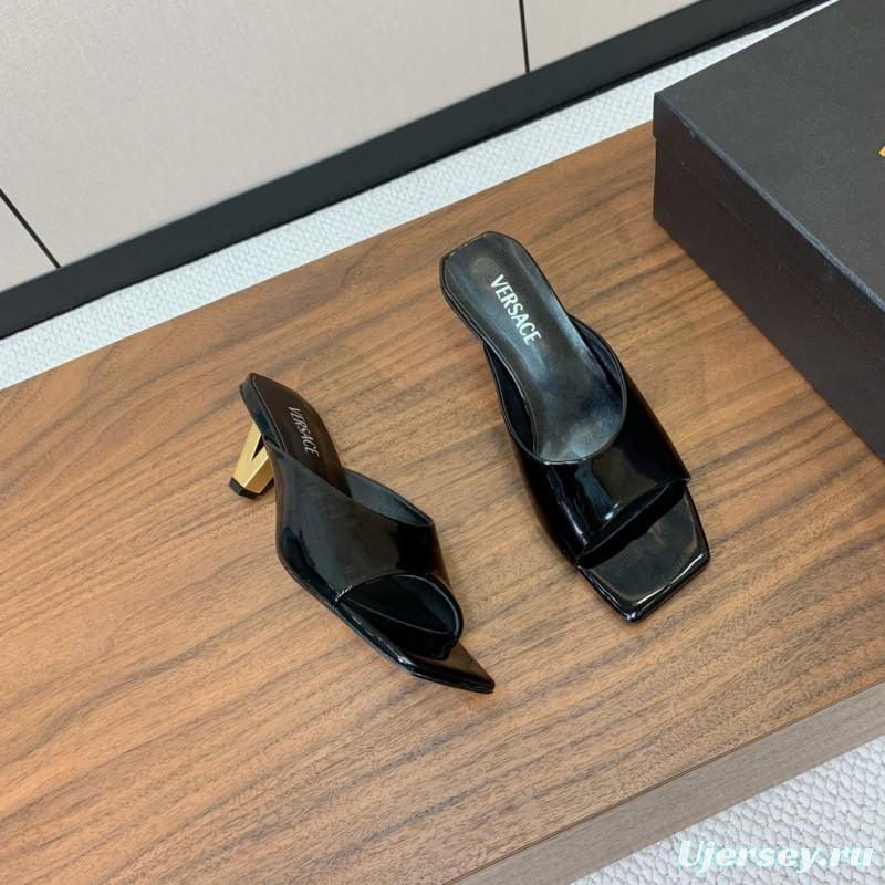 2025 Women VERSACE Black Patent Leather Slippers