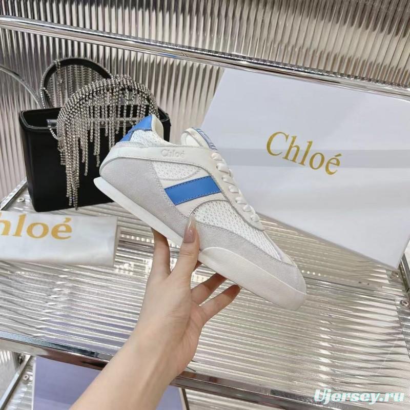 2025 Women Chloé White Blue Mesh Leather Casual Sneakers LY00280
