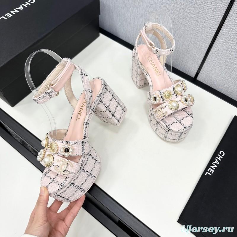 2025 Women Chanel Pink Black Tweed Platform Sandals