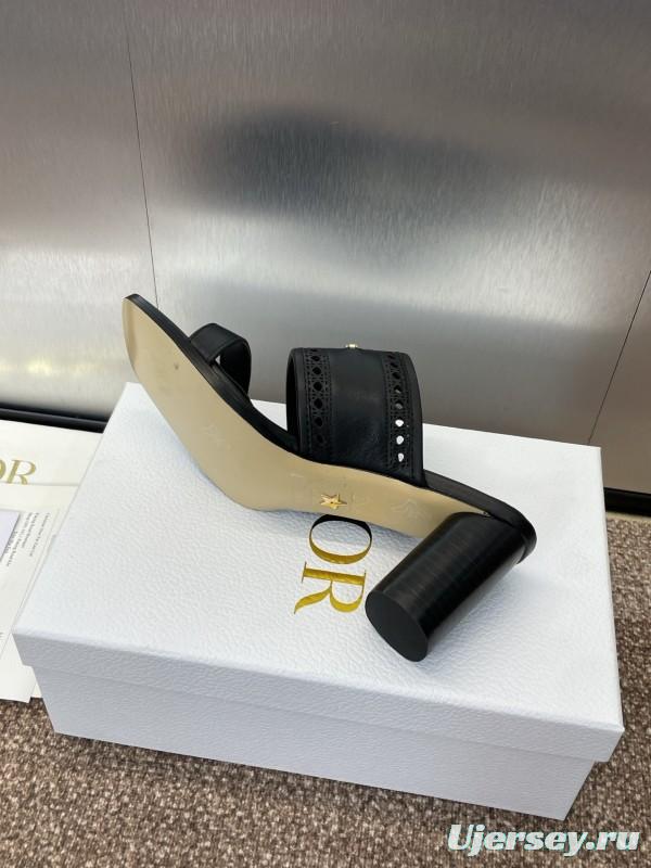 2024 Women Dior Black Leather Slide Sandals