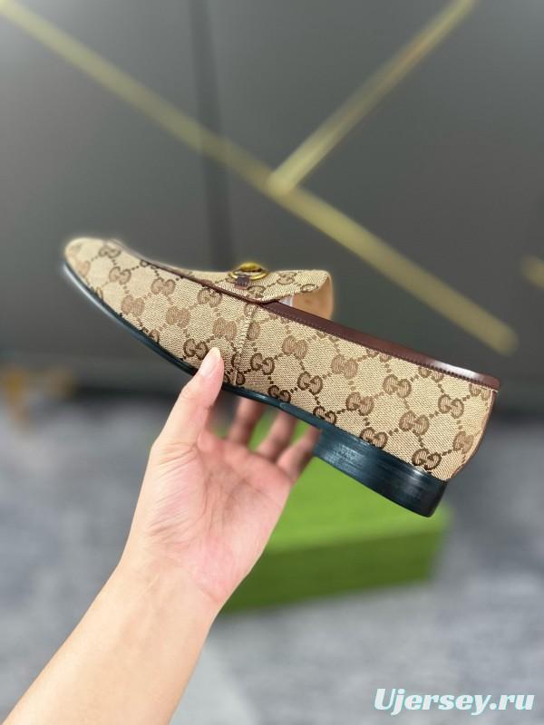 2024 Men Gucci Beige Brown Canvas Leather Loafer