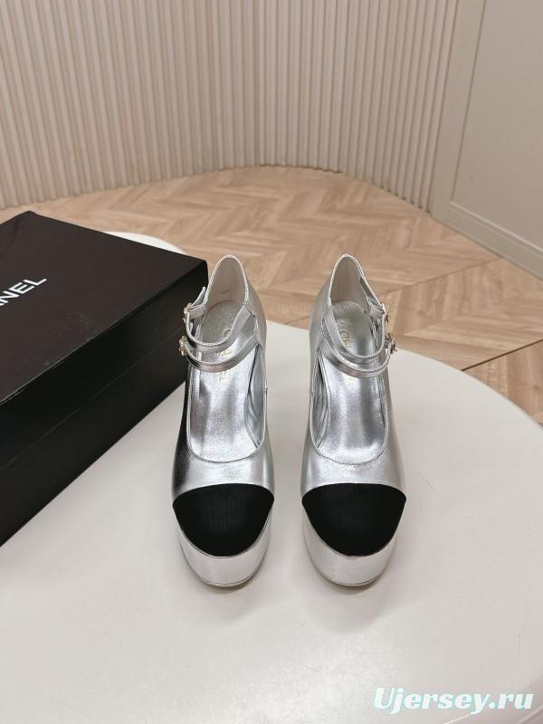 2025 Women Chanel Silver Black Leather Mary Jane Platform Heels
