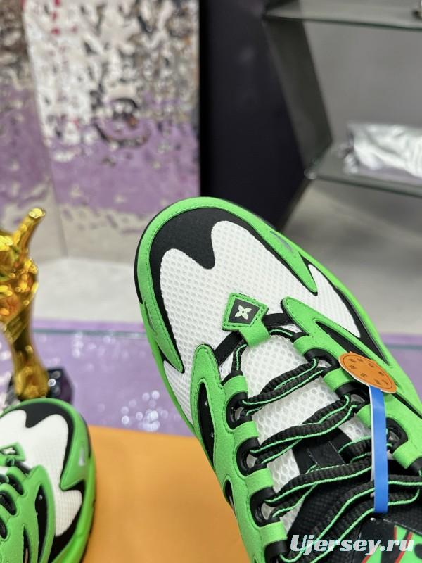 2025 Men Louis Vuitton Green Black White Mesh Leather Sneakers MJ00420
